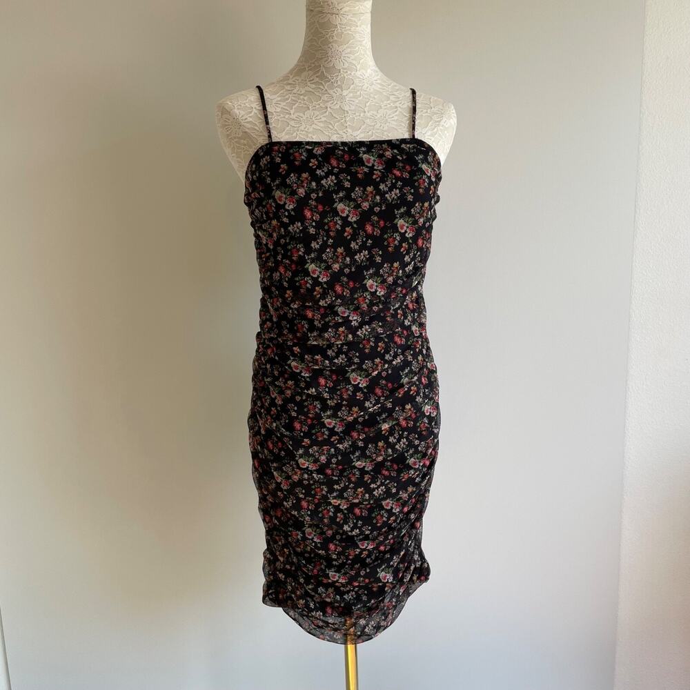 Vtg Y2K Fashion Magazine Floral‎ Mesh Ruched Bodycon Mini Dress Black Size L NWT